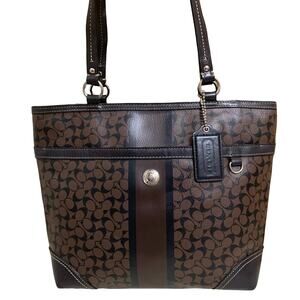 COACH Brown/Black CHELSEA Heritage Stripe Bias Signature N/S PVC Tote F15137